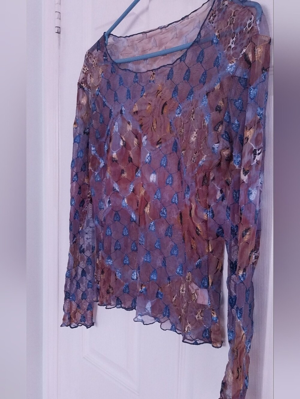 Sheer Long-Sleeve Mesh Top in Blue and Brown - Picture 6 of 9